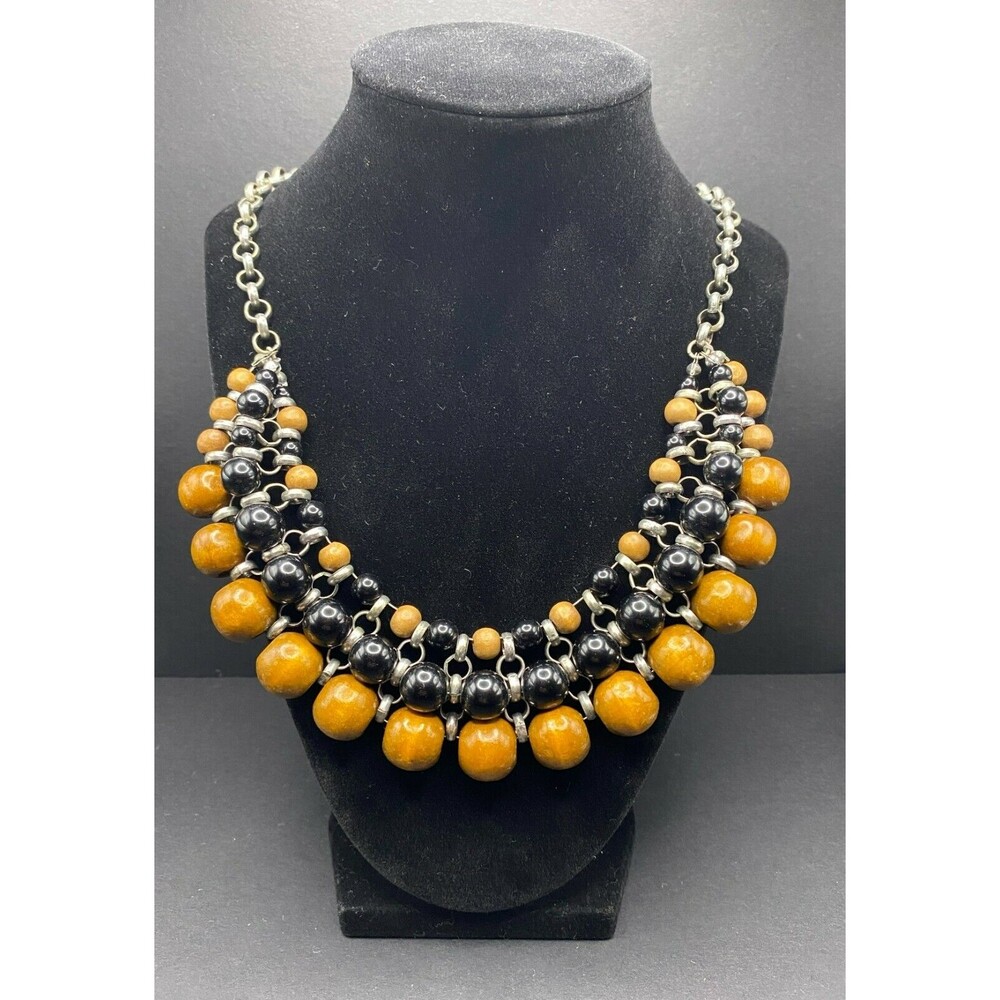 Chainmail Necklace with Wood & Black Beads – Multicolor Statement Piece